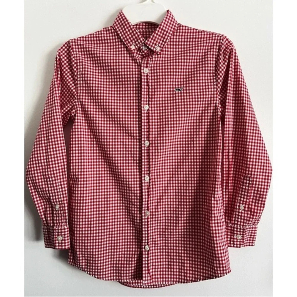 Vineyard Vines • Red White Boys Arawak Gingham Whale Shirt